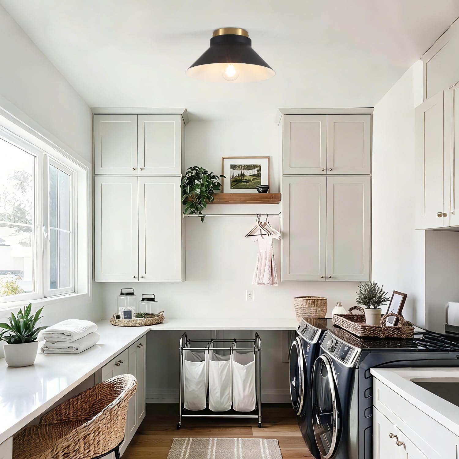 Modern Flush Mount Ceiling Light 2 Pack,Metal Black Semi Flush Mount Ceiling Light Fixture,Brass Accent Black and Gold Ceilings Light Fixture for Hallway Kitchen Entryway Bedroom Laundry Room,11.81in