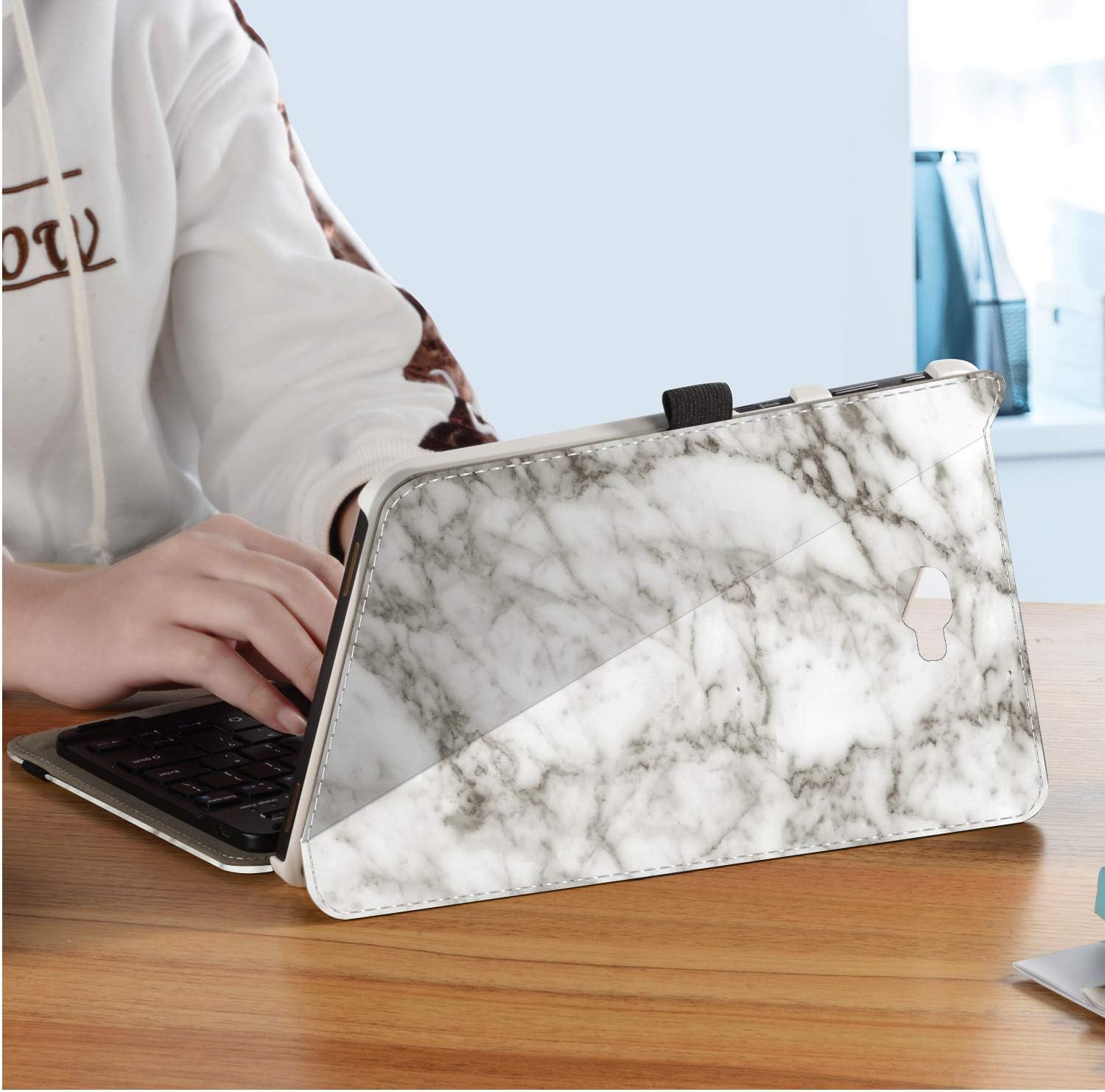 Infiland Samsung Galaxy Tab A 10.1 Keyboard Case, Premium Shell Stand Case Cover with Detachable Bluetooth Keyboard for Galaxy Tab A 10.1 Inch Tablet (SM-T585/SM-T580), White Marble