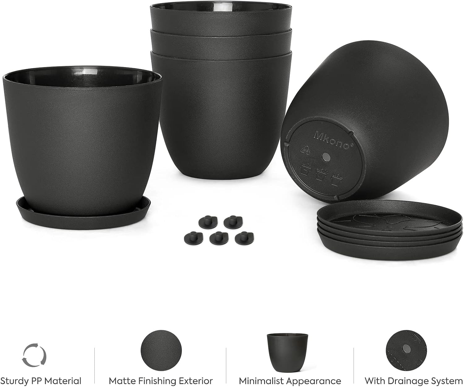 Mkono 5.5" Plastic Plant Pots for Plants with Saucers, Indoor Set of 5 Plastic Planters Modern Flower Pot with Drainage Hole for All House Plants, Herbs, Flowers, and Seeding Nursery, Black