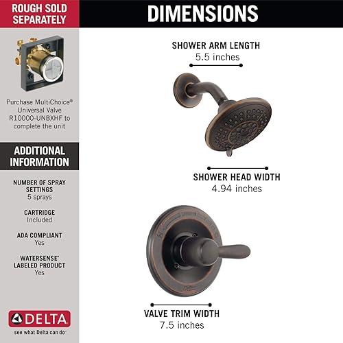 Miniatura 4 de Delta Lahara 14 Series 5-Setting Shower Faucet Set, Oil Rubbed Bronze Shower Head and Handle Set, Valve Trim Kit, Venetian Bronze T14238-RB