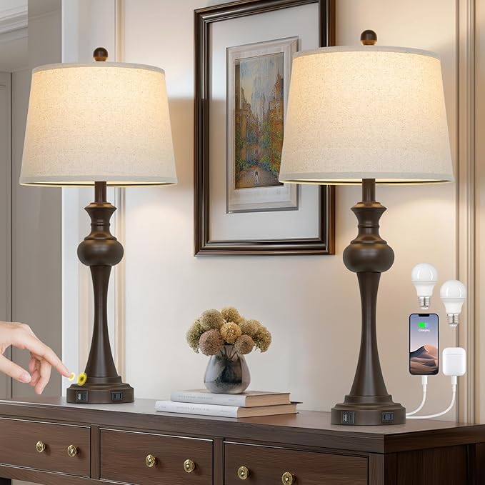 Cinyirong Touch Table Lamps Set of 2, 28.75" Tall Bedside Lamps with USB C+A Ports, 3-Way Dimmable Table Lamp, Nightstand lamps for Bedroom, Living Room, Office, Brown Lamps with Beige Lampshade, Bulbs Included photo 5