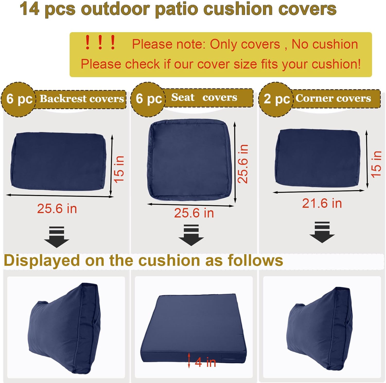 14 Piece Outdoor Patio Cushion Cover Replacement, Waterproof Patio Cushion Covers, Outdoor Furniture Cushion Covers Set for 6 Seat Wicker Rattan Sofa (Navy Blue)