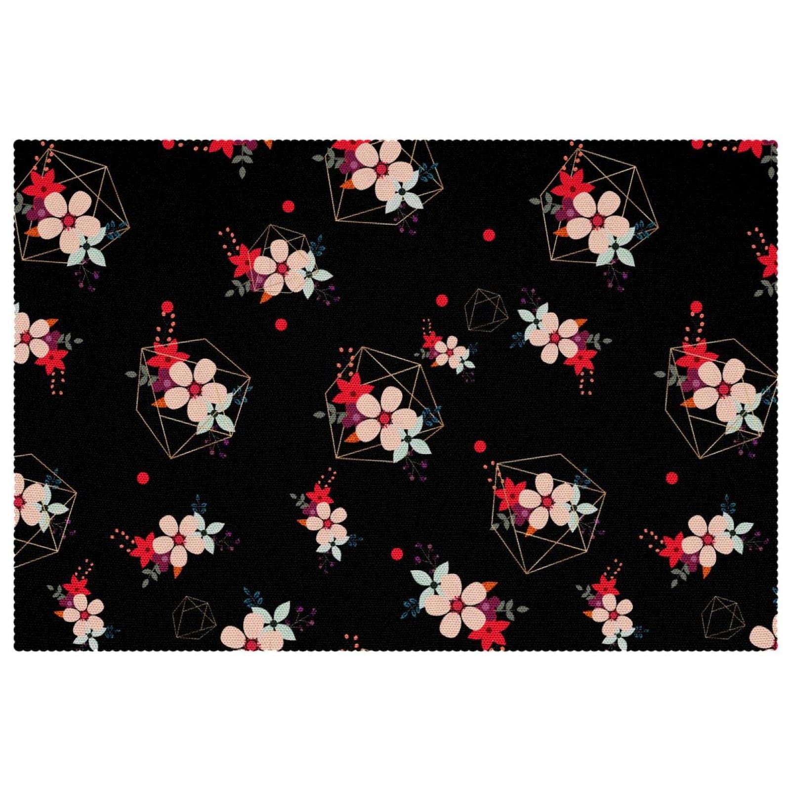 Sets de table en tissu Oxford résistant chaleur tapis table lavable motif floral noir