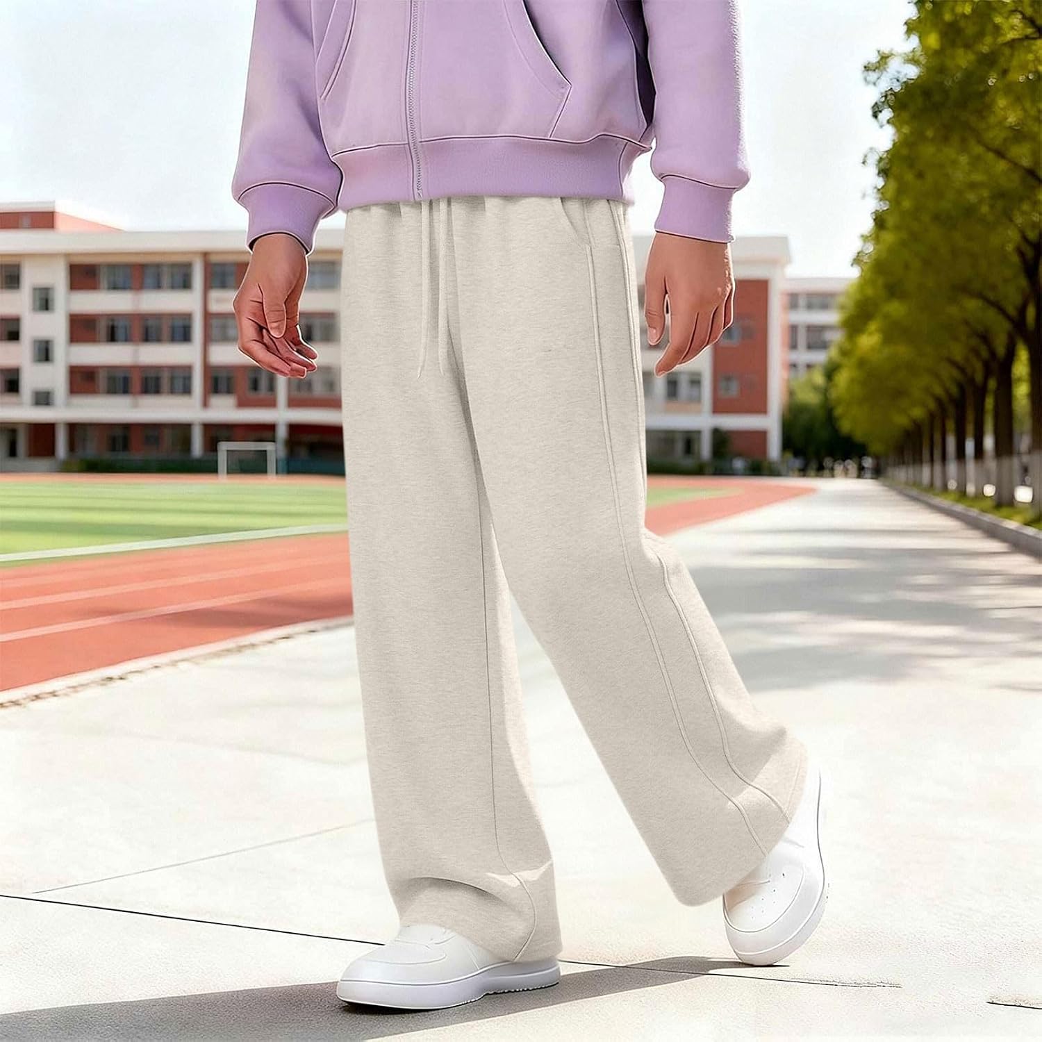 Oplxuo Kids Wide Leg Sweatpants Elastic High Waist Loose Casual Trousers