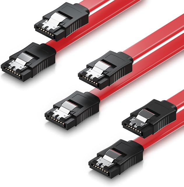deleyCON 3x 50cm (19.69 Inch) SATA III Cable in a Set S-ATA 3 Data Cable HDD SSD Connection Cable Metal Clip 6GBit/s 2x Straight L-Type Connectors - Red