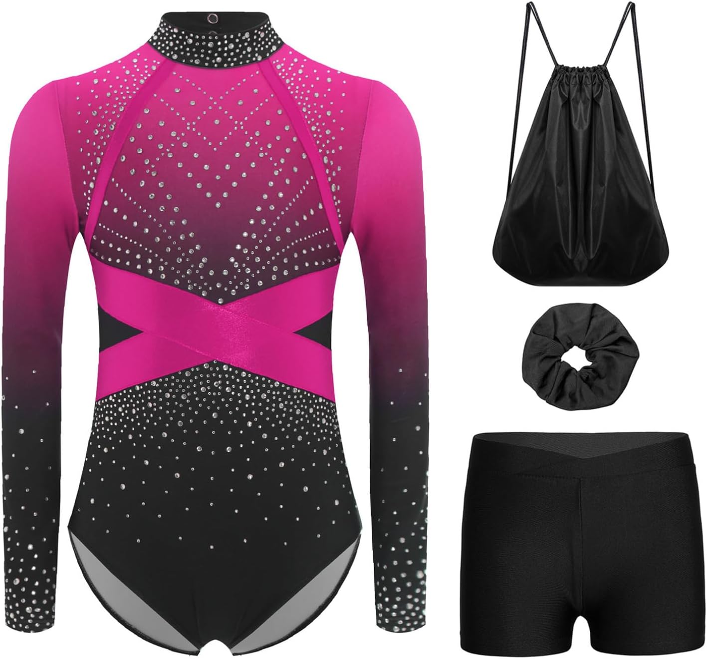 Agoky Gymnastics Leotard for Girls Shiny Rhinestone Ballet Dance Unitard with Shorts and Storage Bag Hairband