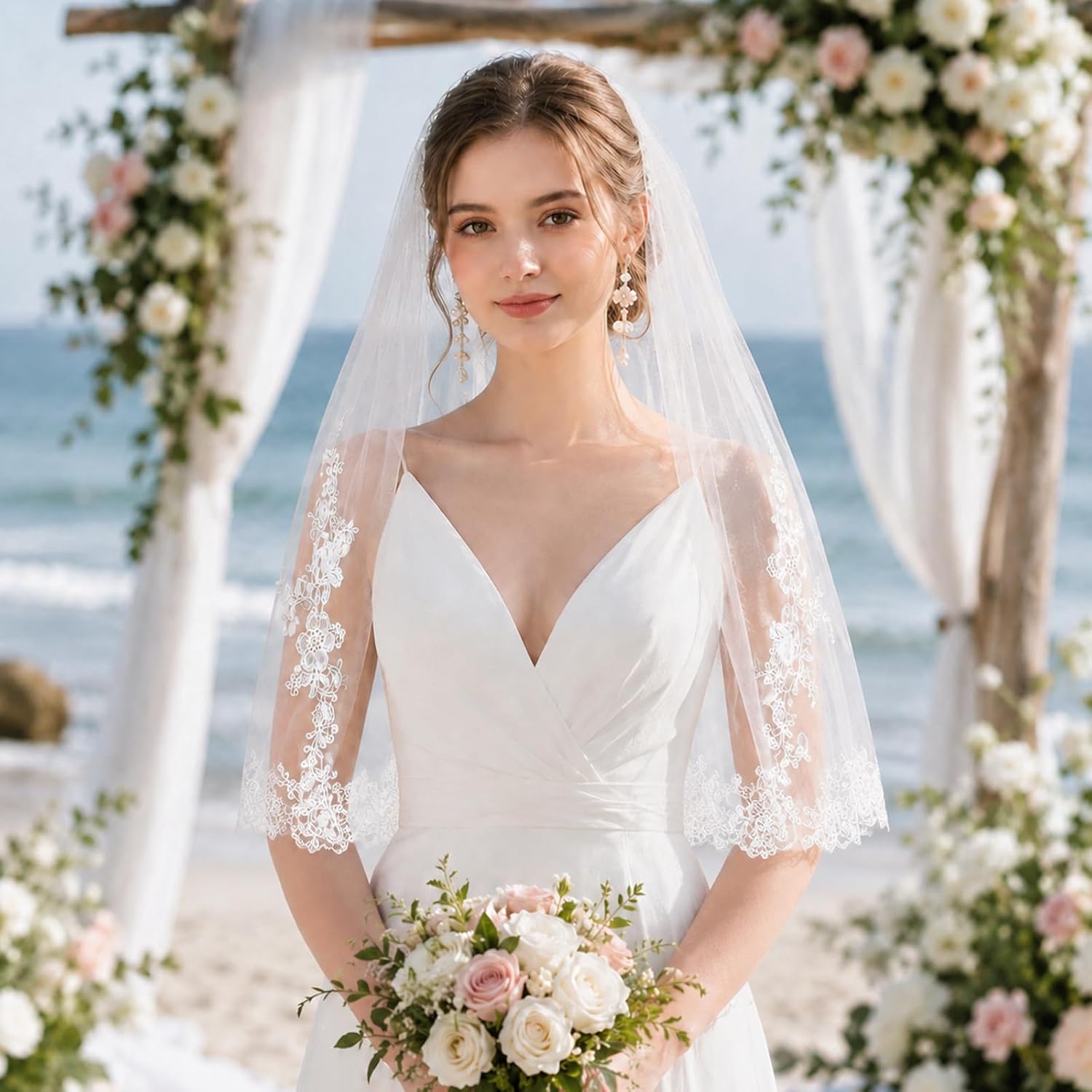White Wedding Bridal Veil with Comb, 1 Tier Floral Edge Bridal Tulle Veil Lace Wedding Veils