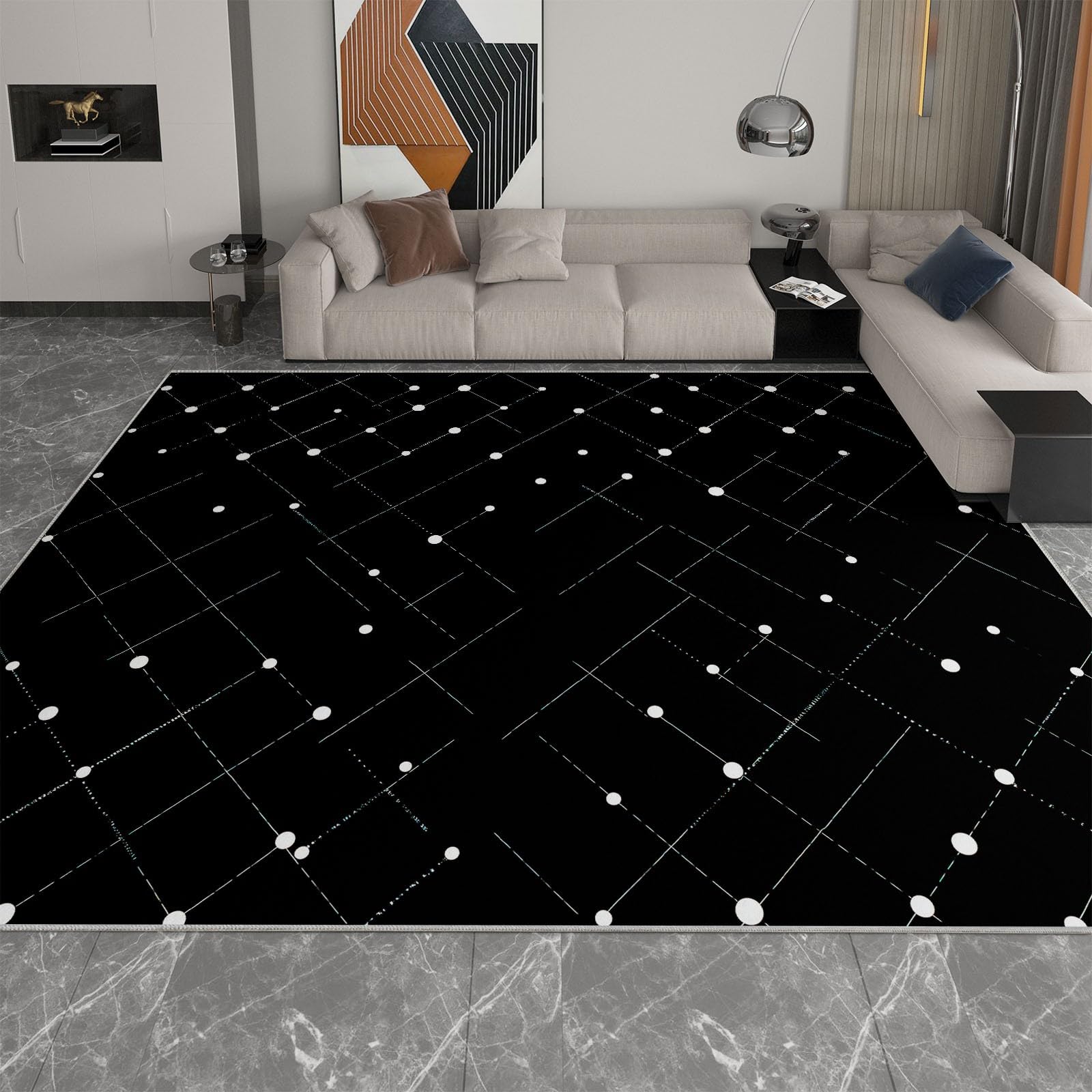 Minimalizm dywan z diamentami, 120 x 160 cm, nadaje się do prania, dywan do salonu, na balkon, taras, płasko tkany, miękki, odporny na zabrudzenia, do biura, mieszkania, czarny