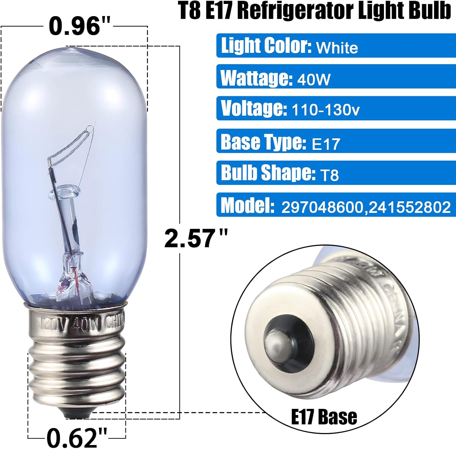 297048600 241552802 Refrigerator Light Bulb Replacement for Frigidaire Whirlpool KitchenAid Electrolx Kenmore Fridge Light Bulbs Freezer Light Bulb Replacement-T8 E17 40W (2 Pack)