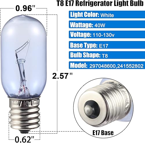 Miniatura 2 de 297048600 241552802 - Bombilla de repuesto para refrigerador Frigidaire Whirlpool KitchenAid Electrolx Kenmore - T8 E17 40 W (2.57 pulgadas de largo)