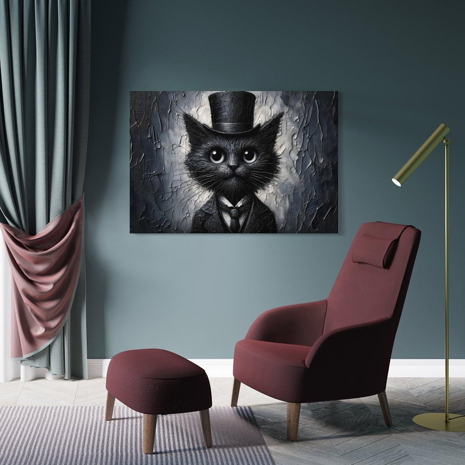 Junmoney Wall Picture Print Black Cat in Top Hat, 20x30inch(50x75cm), for Entryway, Lounge Links Or Small Walls, Home Artwork for First Impressions