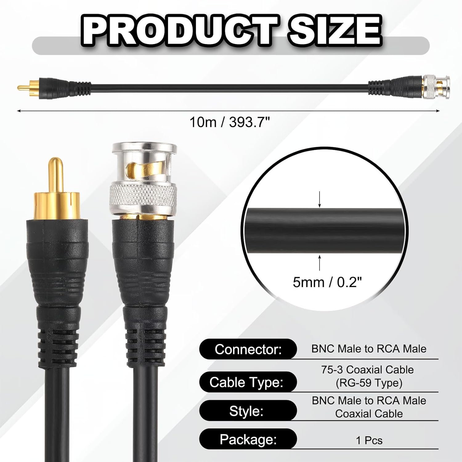 MECCANIXITY BNC Male to RCA Male Coaxial Cable 33FT 75-Ohm Camera Cable Cord for DVR CCTV Camera Security System Monitor Video(Black)