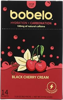 Bobelo Natural Energy Drink Powder | Electrolytes Powder Packets w/Guarana Caffeine & Essential Vitamins | Keto Friendly, Low Calorie, Sugar Free Water Enhancer | Black Cherry Cream (15 ct)