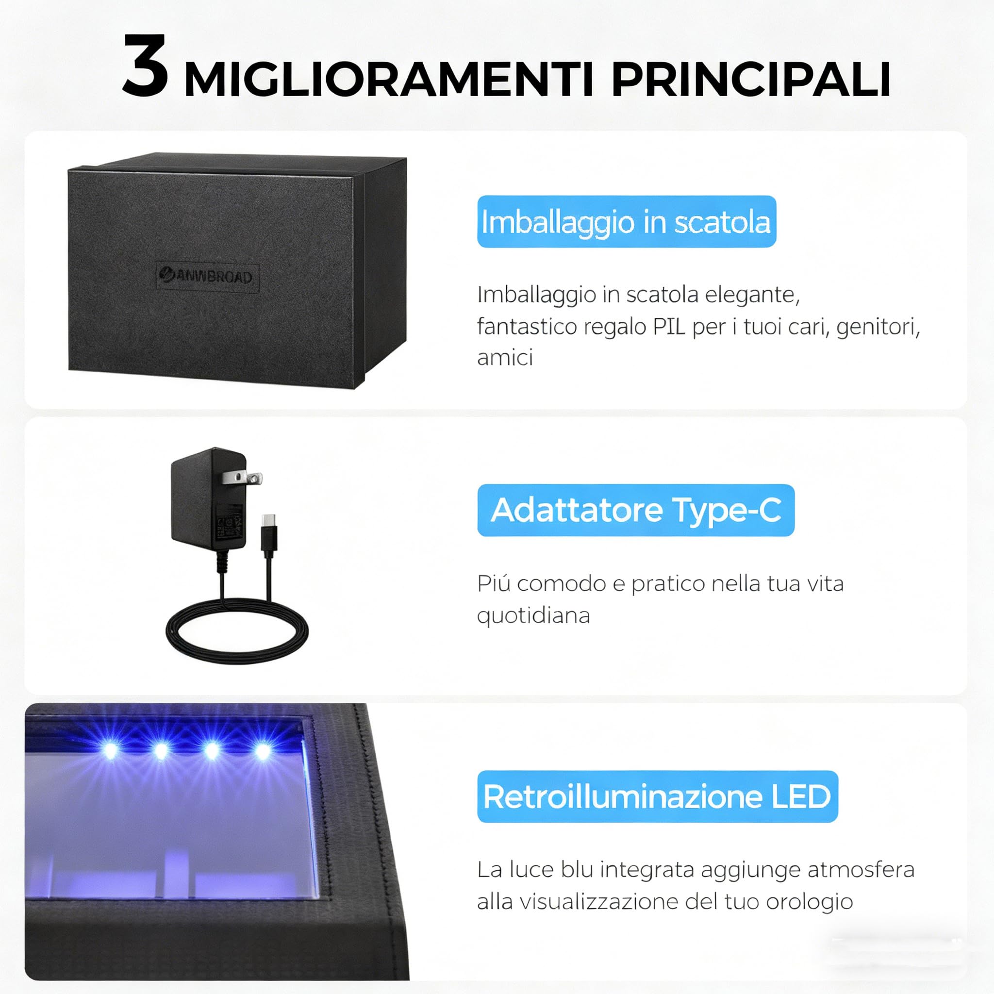 ANWBROAD JWW002F - Caricatore per orologi automatici, 4 modalità di rotazione, USB, 4 rotatori per orologi e 6 scomparti extra, con motore super silenzioso e retroilluminazione a LED, in fibra di