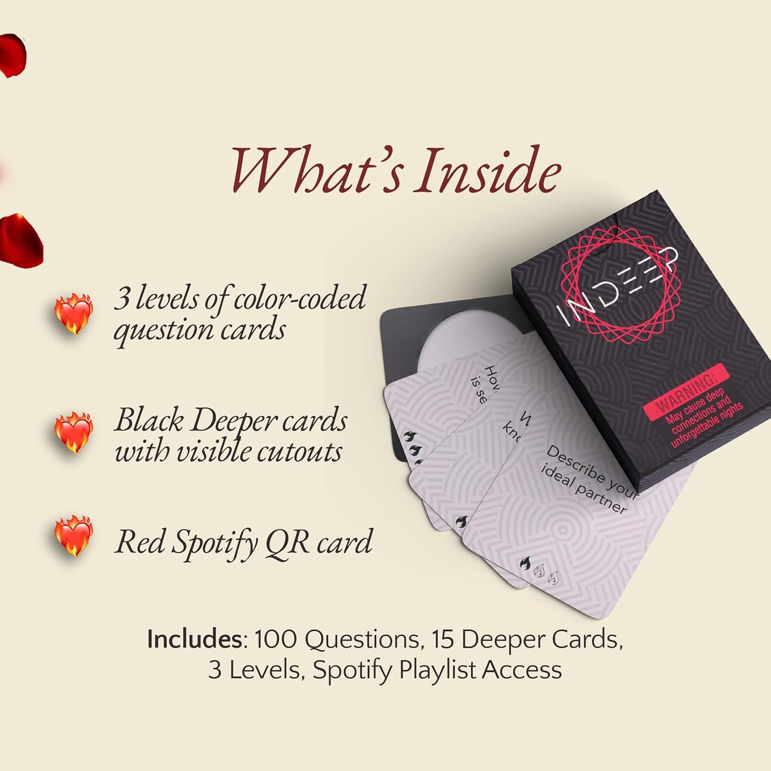 InDeep Couples Game – 100 Conversation Cards with 3 Levels + 15 Deeper Challenge Cards – Interactive Date Night Game for Couples – Great Gift for Him & Her – Anniversary or Valentine’s Day