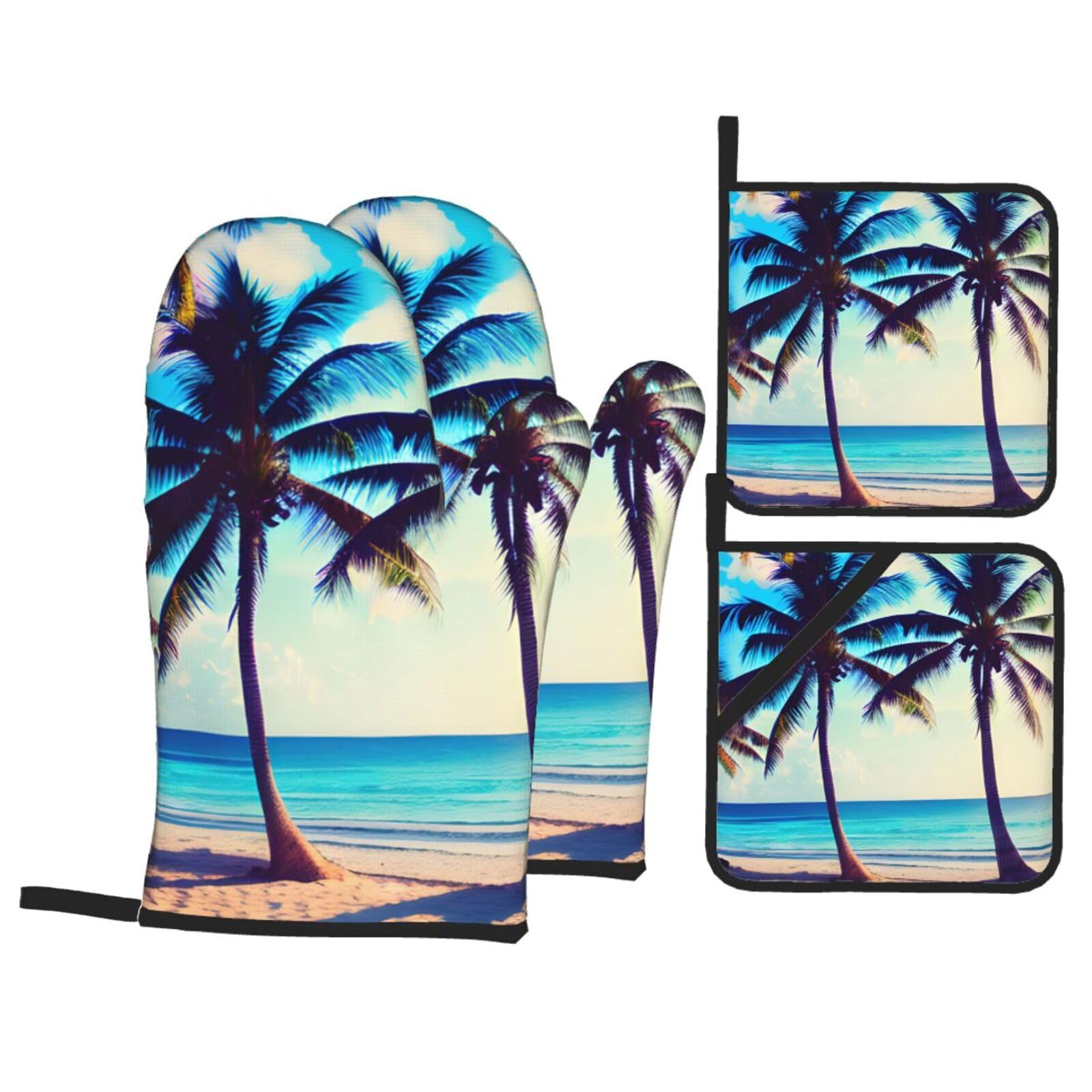 Beach Palm Trees 1 Print 4-Piece Oven Microwaving Set Waterproof Kitchen Gloves for Baking Grilling Cooking