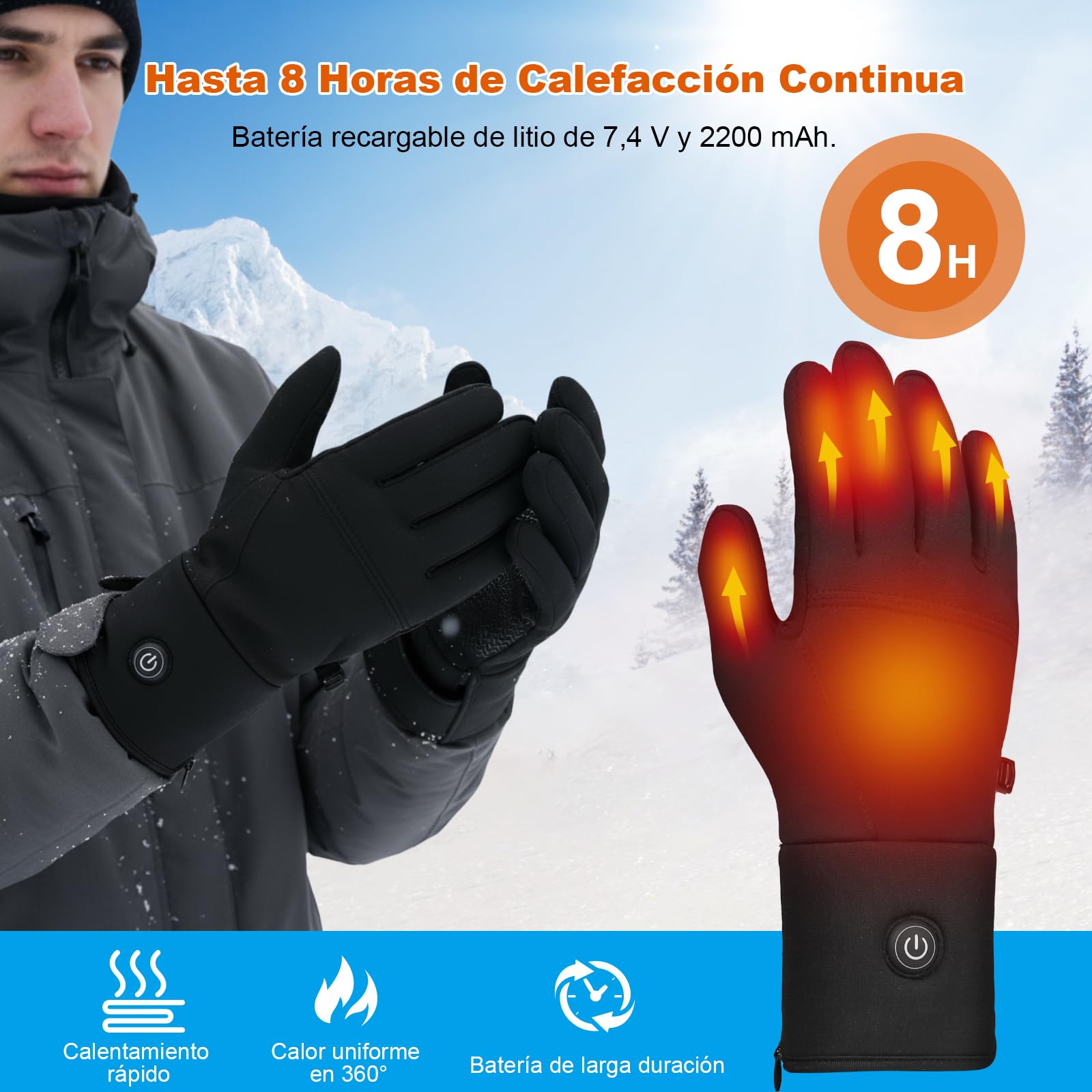 Forros Guantes Calefactables Finos para Hombre y Mujer Recargables, Batería 7.4V de Calentamiento Rápido, 3 Modos de Calor (40-65℃) y Táctil para Trabajo al Aire Libre, Deportes de Invierno