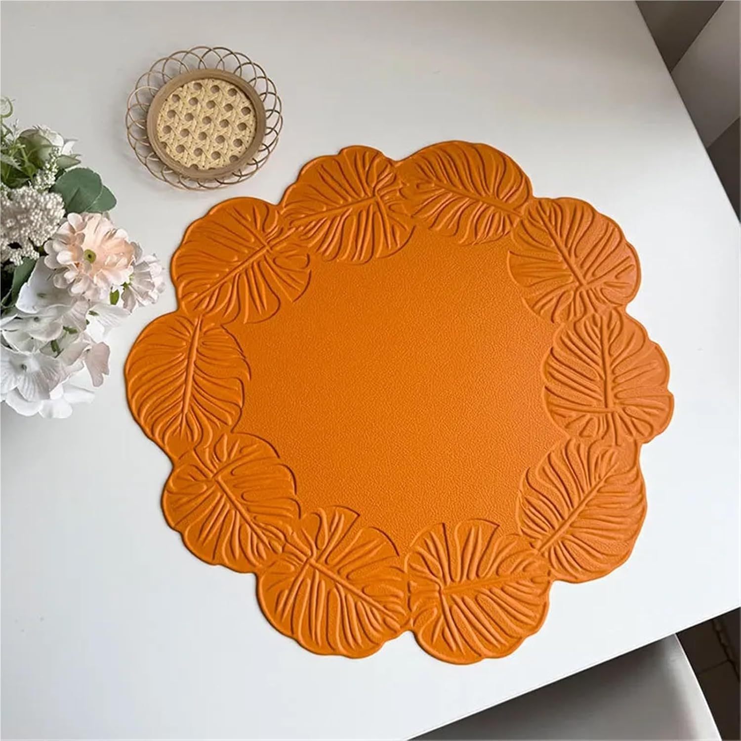 Flower Shaped Gift Black Placemats Rectangular Faux Leather Round Table Pad Hotel Restaurant Party Table PU Placemats(Guibei Orange,6pcs Round 38cm)