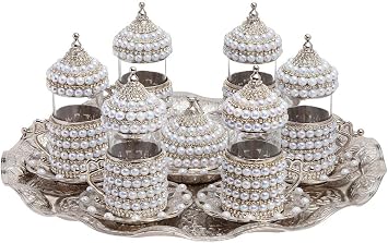 Turkish Tea Crystal Cups Set 6 Cups set with Saucer set for 6 person Silver