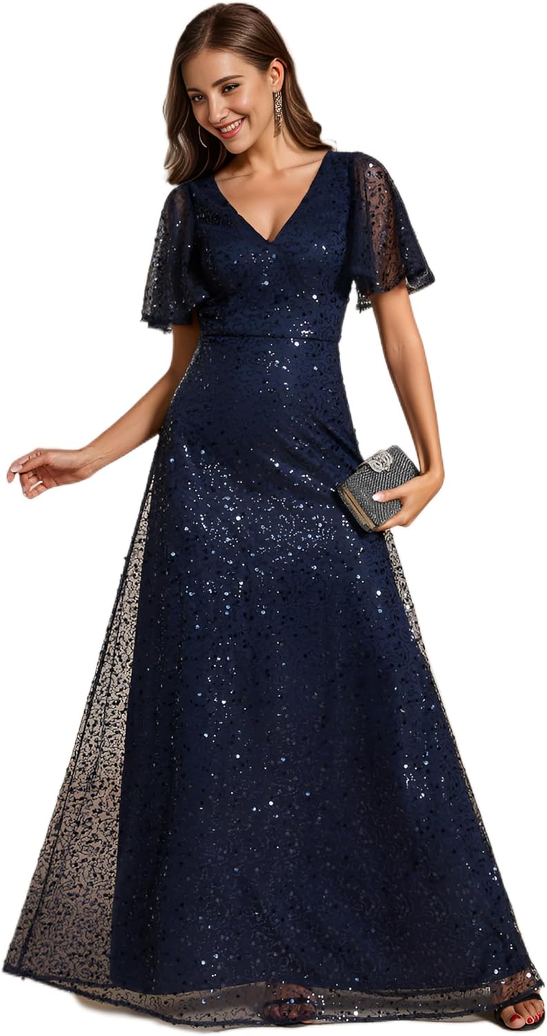 Ever-Pretty Women's Sequin A-Line V Neck Beaded Formal Evening Gowns