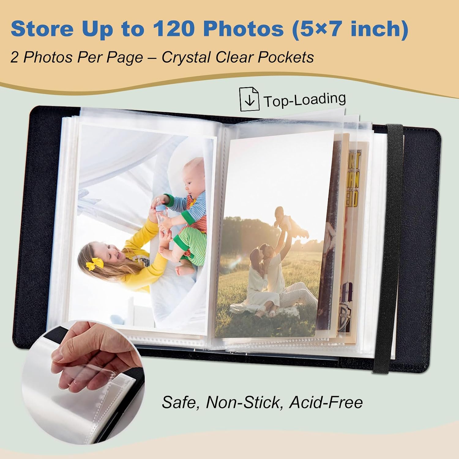 Small Photo Album 5x7 for 120 Pictures, PU Leather Cover Picture Album with Elastic Band, Mini Photo Book for Family Baby Wedding Anniversary Travel Scrapbook, Black Cat Sky