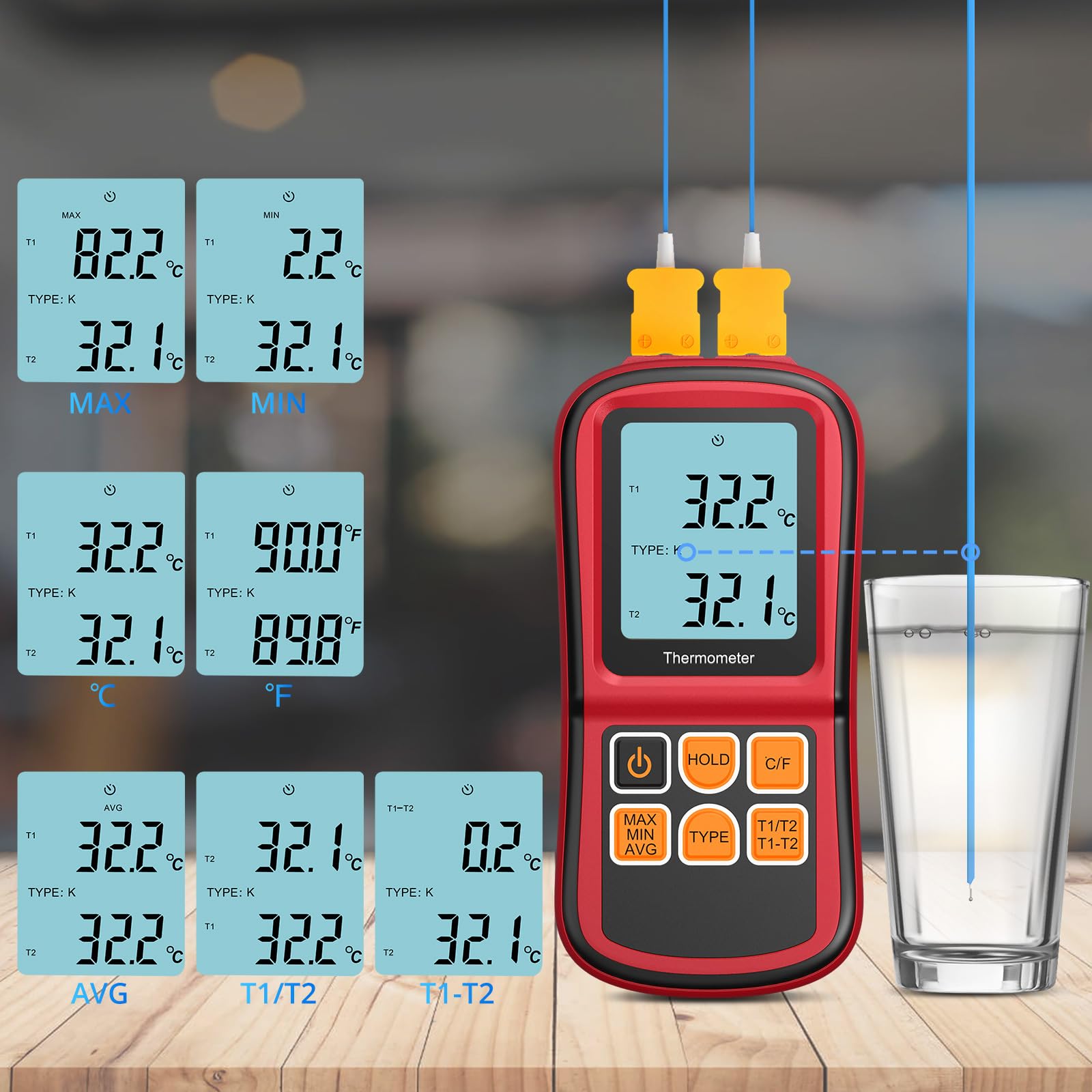 Dual Digitales Thermometer, CAMWAY Temperaturmesser mit 2 Channels K-Type & LCD Anzeige Hintergrundbeleuchtung, Thermoelementen Sensor Sonde Temperaturmessgerät für Thermoelement Typen K/J/T/E/R/S/N