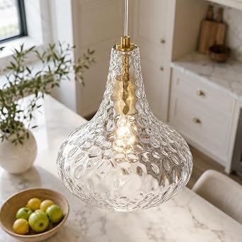 AUTELO Gold Hammered Glass Pendant Lights Kitchen Island, 10 Inch