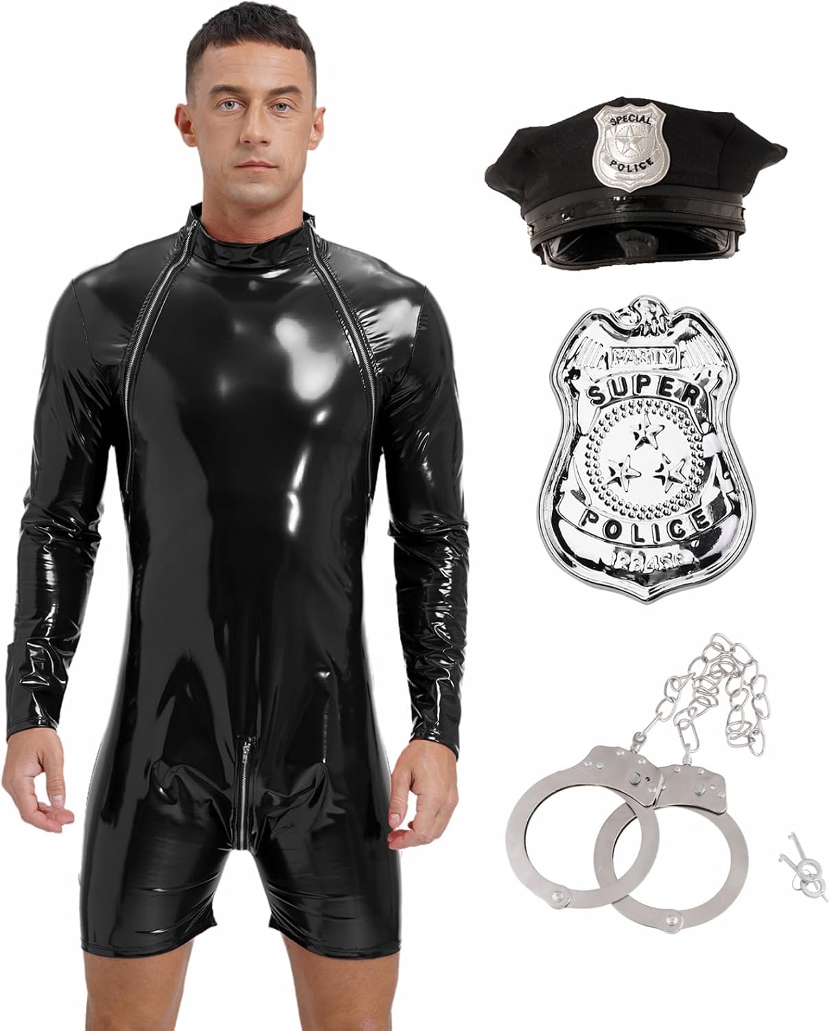 Linjinx Men's 4 Pieces Policeman Uniform Wet Look PU Leather Jumpsuit Hat Cuffs with Keys and Badge