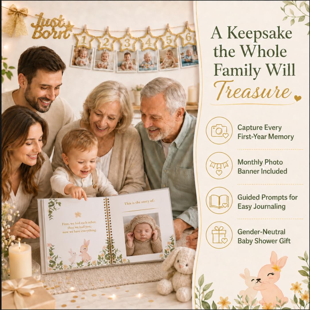 Libro de recuerdos para bebé con pancarta mensual de fotos y calcomanías, diario de recuerdo de primer año y álbum de fotos, tapa dura neutra de género para recién nacidos y baby shower