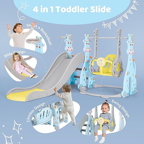 Miniatura 2 de Juego de tobogán y columpio 4 en 1 para niños de 18 a 36 meses, para interiores y exteriores, con aro de baloncesto, pelota, escalador y columpio,