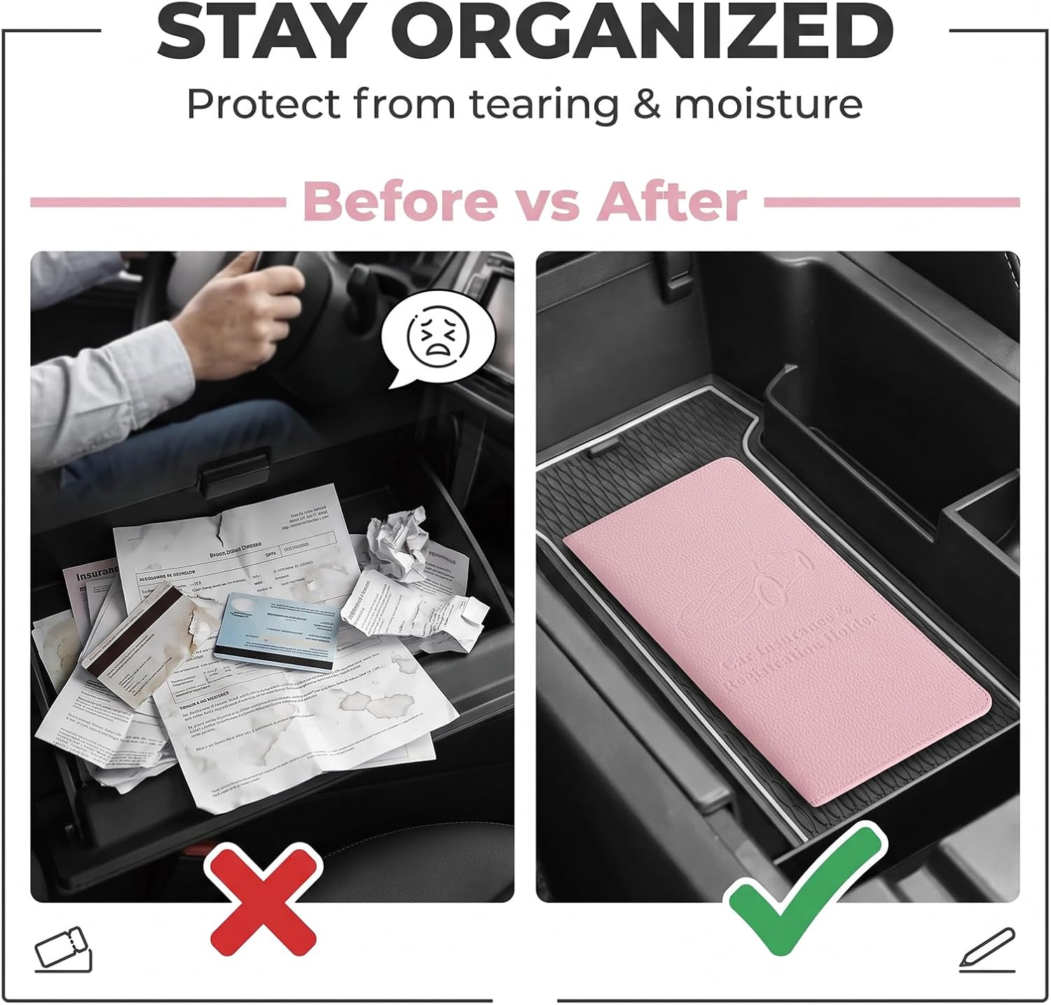 Car Registration and Insurance Holder, PU Leather Car Card Holder, Auto License Document Organizer, Universal Vehicle Organizer for Documents, Cards, License (Pink)