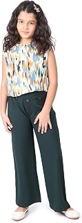SILK SPARROW Girl's Casual Printed Top and Solid Abstract Pattern Pant Set (White and Dark Green) Price In India
