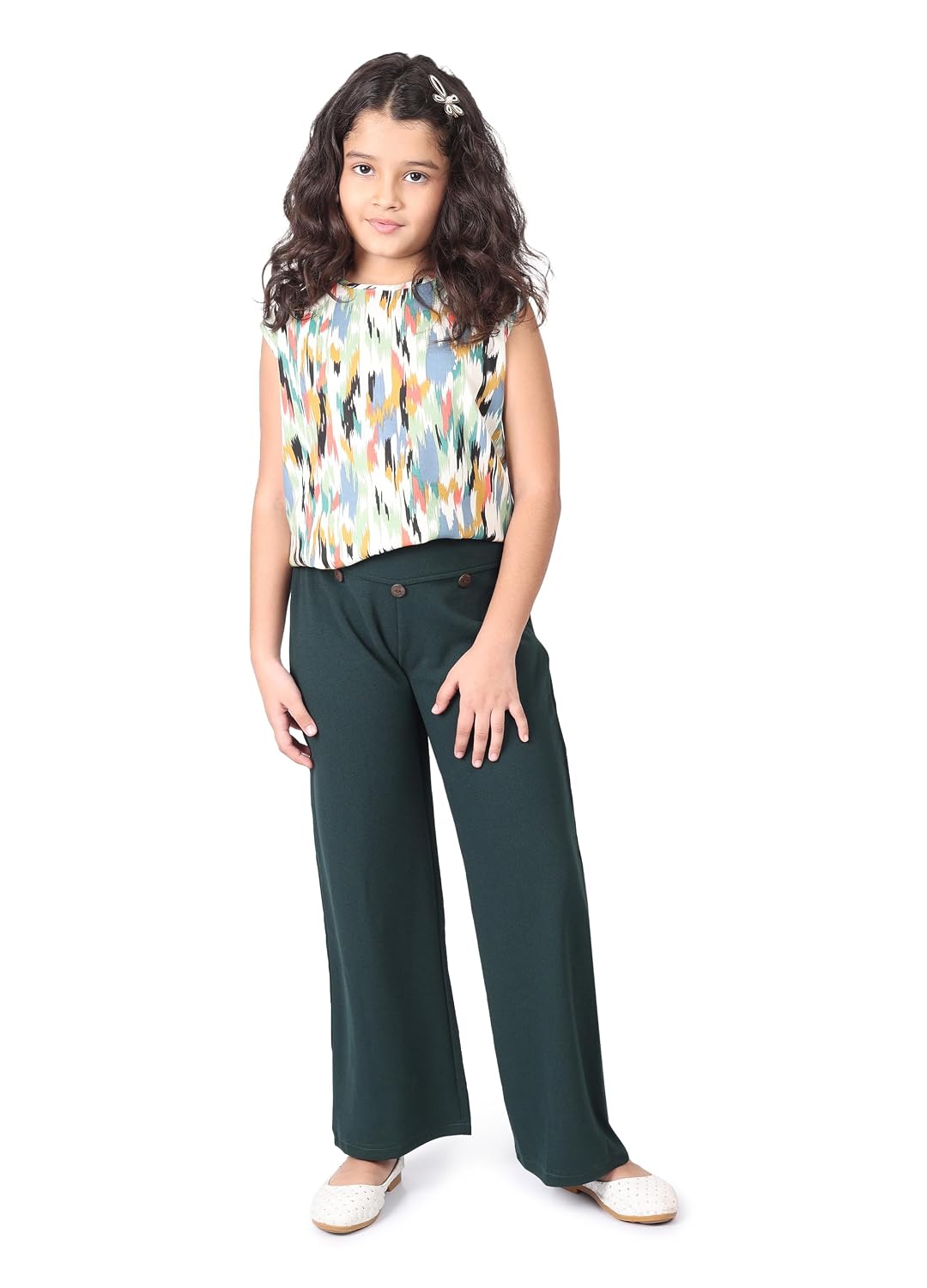 SILK SPARROW Girl's Casual Printed Top and Solid Abstract Pattern Pant Set (White and Dark Green)