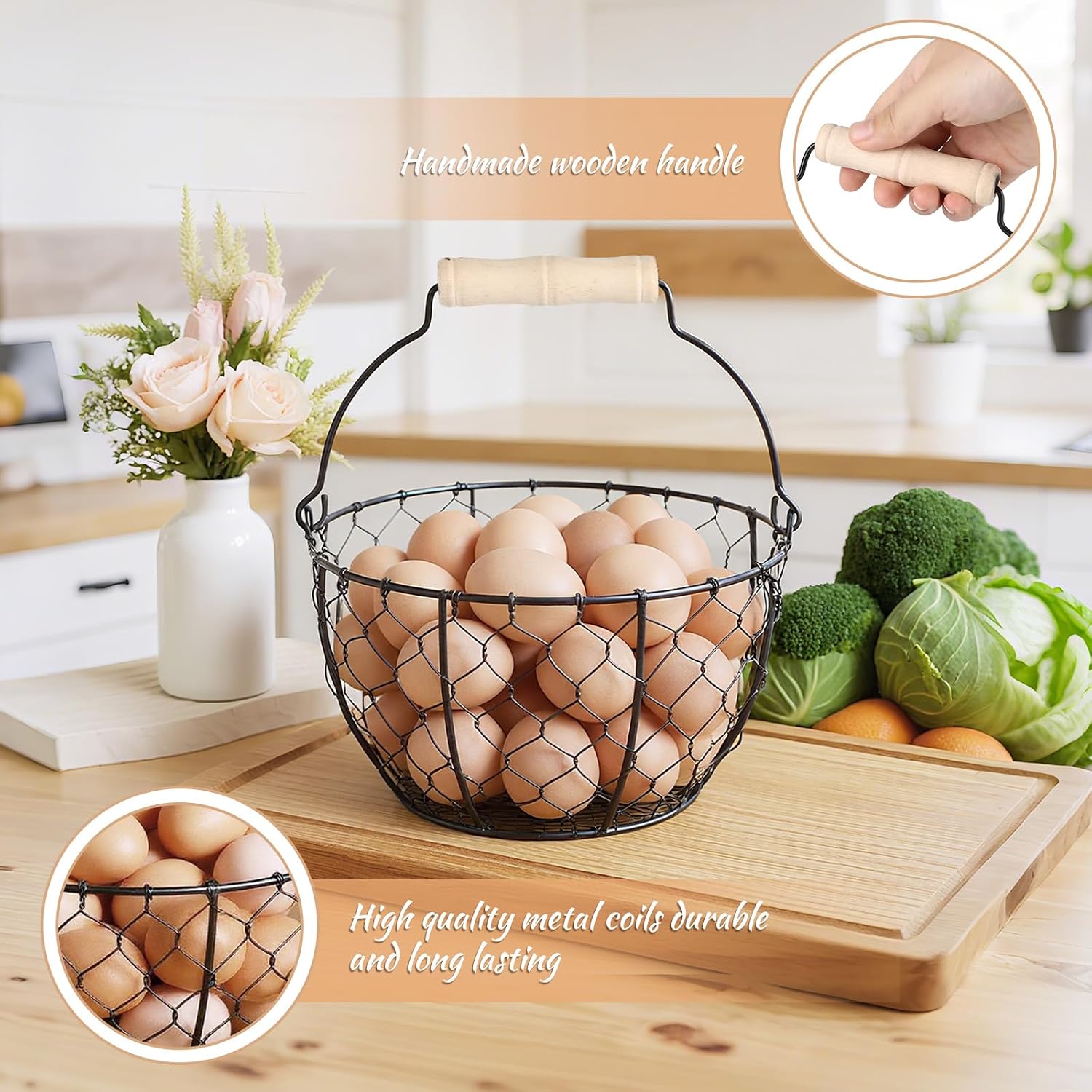 2 Pcs Egg Basket With Handle,Wire Egg Basket for Gathering Fresh Eggs, Round Egg Collecting Basket for Farm,Vintage Style Chicken and Duck Eggs Basket Egg Countertop Storage Container Holder