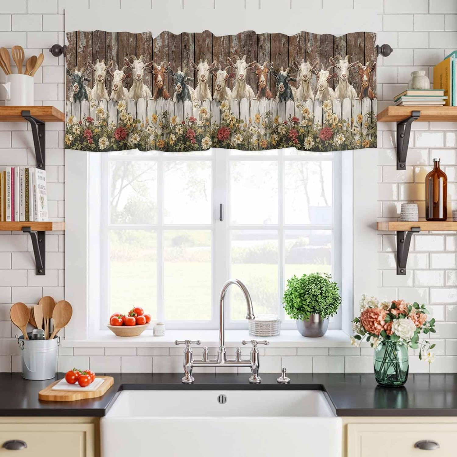 Roses Garden Goats Valance Curtain for Kithchen Windows, Retro Farmhouse Fence Floral Wood Grain Tier Curtain Window Treatment Rod Pocket Valances for Bedroom/Living Room/Bathroom, 42x18 Inch