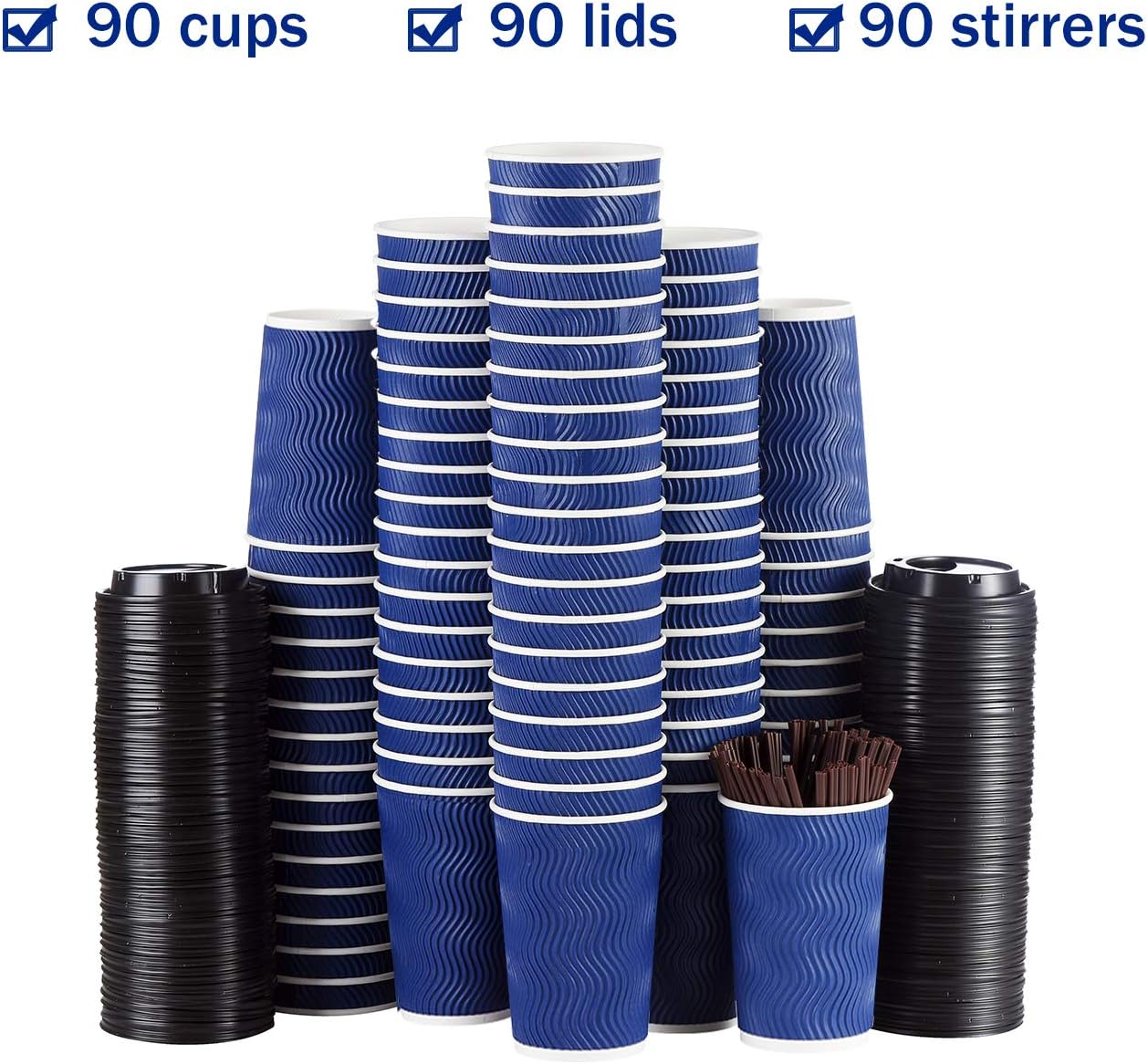Kindpack Disposable Coffee Cups with Lids and Straws 12 oz (90 Set) - Hot Paper Coffee Togo Cup with Lid To Go for Hot/Cold Beverages Espresso Tea Water Insulated Reusable Durable Drinks Ripple Cups