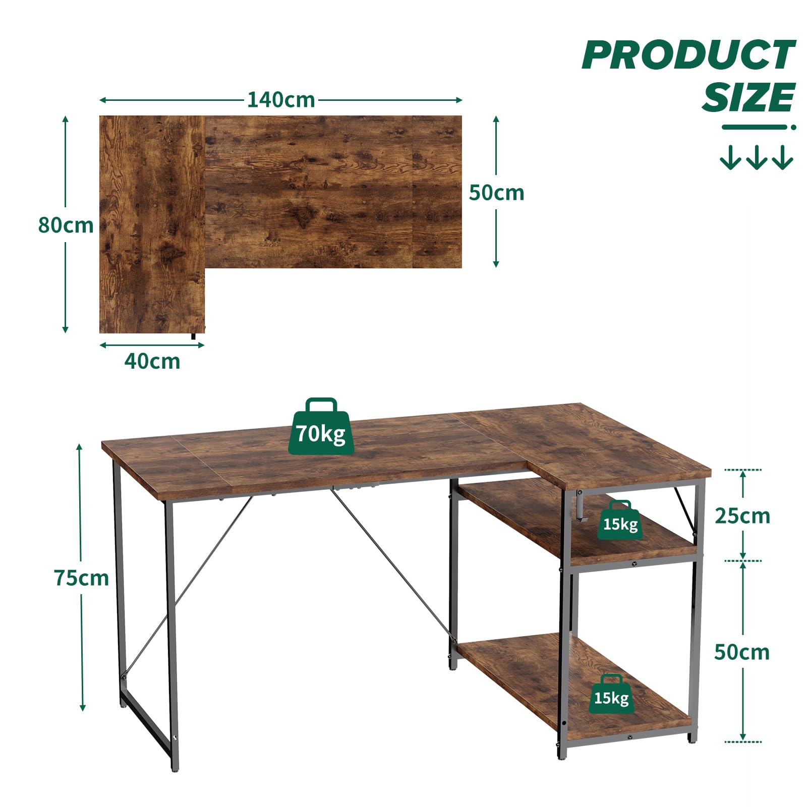 TRIUMPHKEY Scrivania ad Angolo Reversibile 140 x 80cm, Scrivania a Forma di L con Ripiani,Tavolo da Lavoro,Struttura in Acciaio, per Computer, Ufficio, Studio and Soggiorno, Marrone rustico