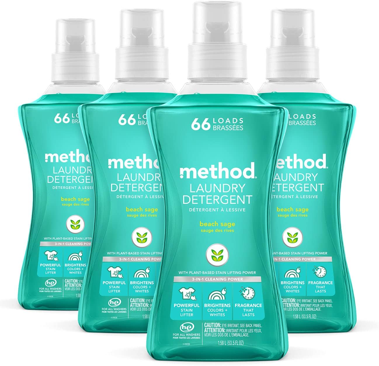 Liquid Laundry Detergent; Beach Sage Scent, Stain Remover; ; 66 Loads per 53.5 fl oz bottle; 4 Pack (264 Total Loads); Packaging May Vary