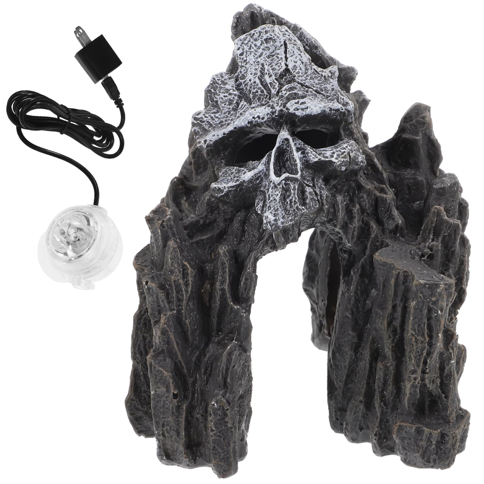 Figurine Crâne Décorative, Grotte Noire en Résine pour Aquarium Halloween | Abri pour Aquarium, Pierres Artificielles pour Aquarium, pour Crevette Aquarium, Lampe Incluse
