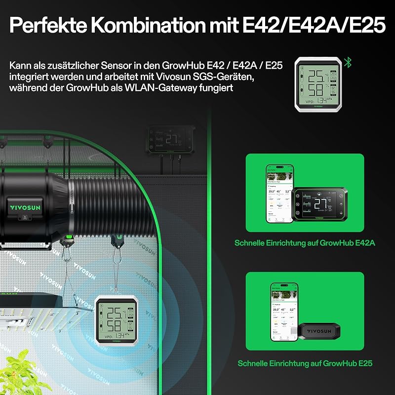VIVOSUN AeroLab THB1S Bluetooth Hőmérő és Páratartalom Mérő, LCD Kijelzős Terrárium Monitor, VPD Mérés, Adatrögzítés, Külső Szenzorral