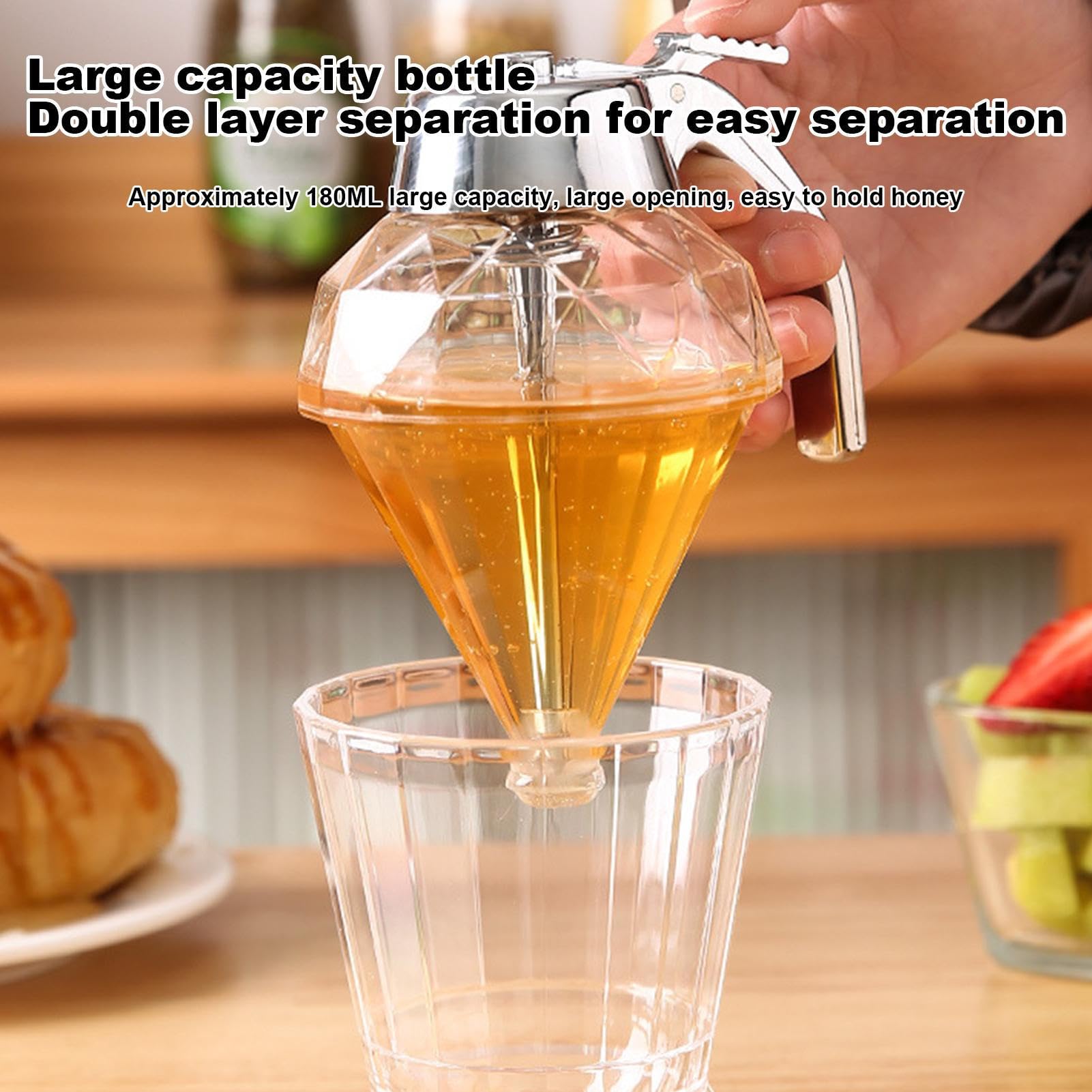 Dispenser di miele, contenitore per sciroppo, contenitore per sciroppi d'acero, spingere il coperchio con supporto, 8 oz per olio di spezie, bottiglia da cucina riutilizzabile per caffè e tè