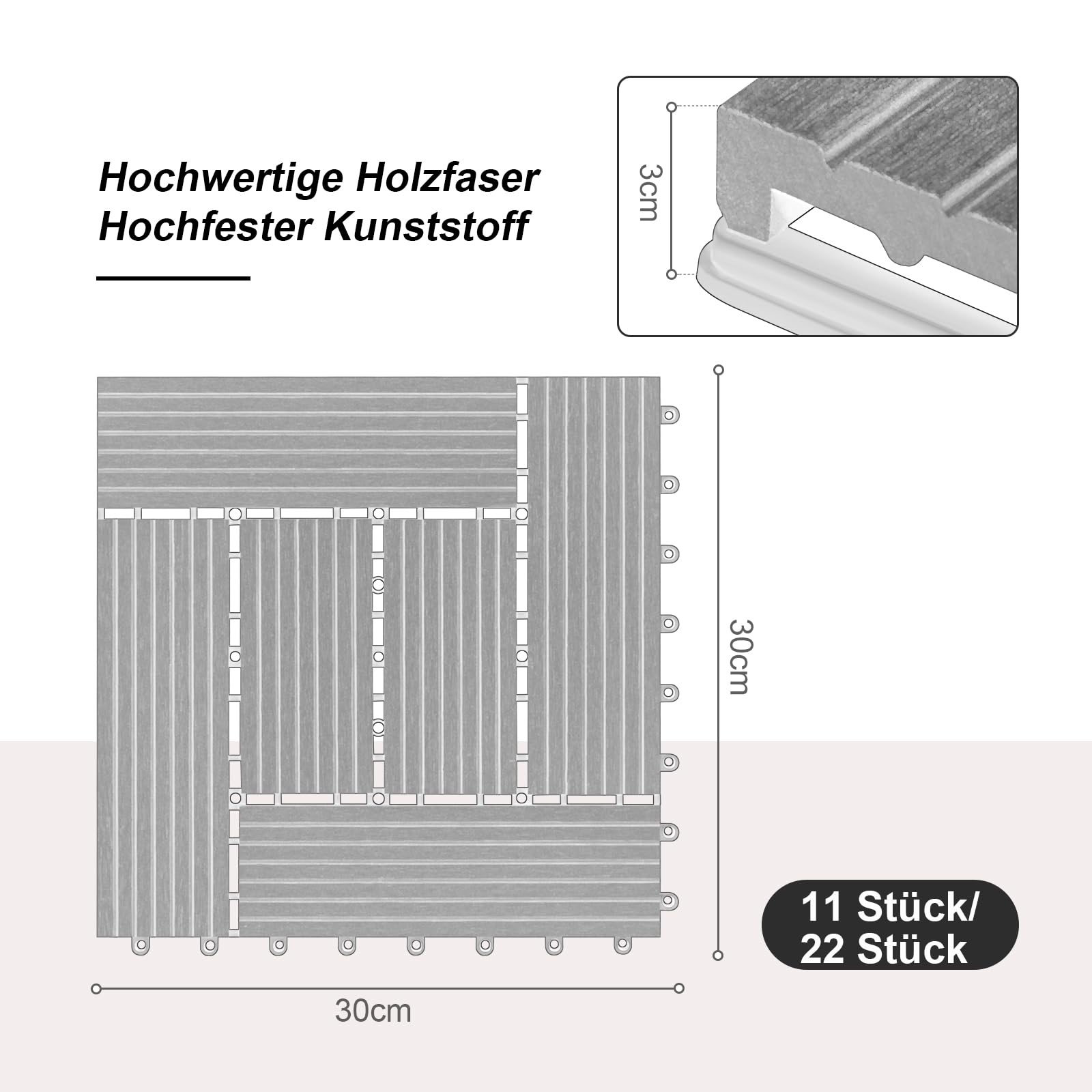 Laneetal WPC Fliesen 22er Set für 2 m², Balkonfliesen 30x30 cm, Terrassenfliesen Klicksystem, Klickfliesen Terrasse Balkon, Bodenfliesen Bodenbelag für außen, Grau