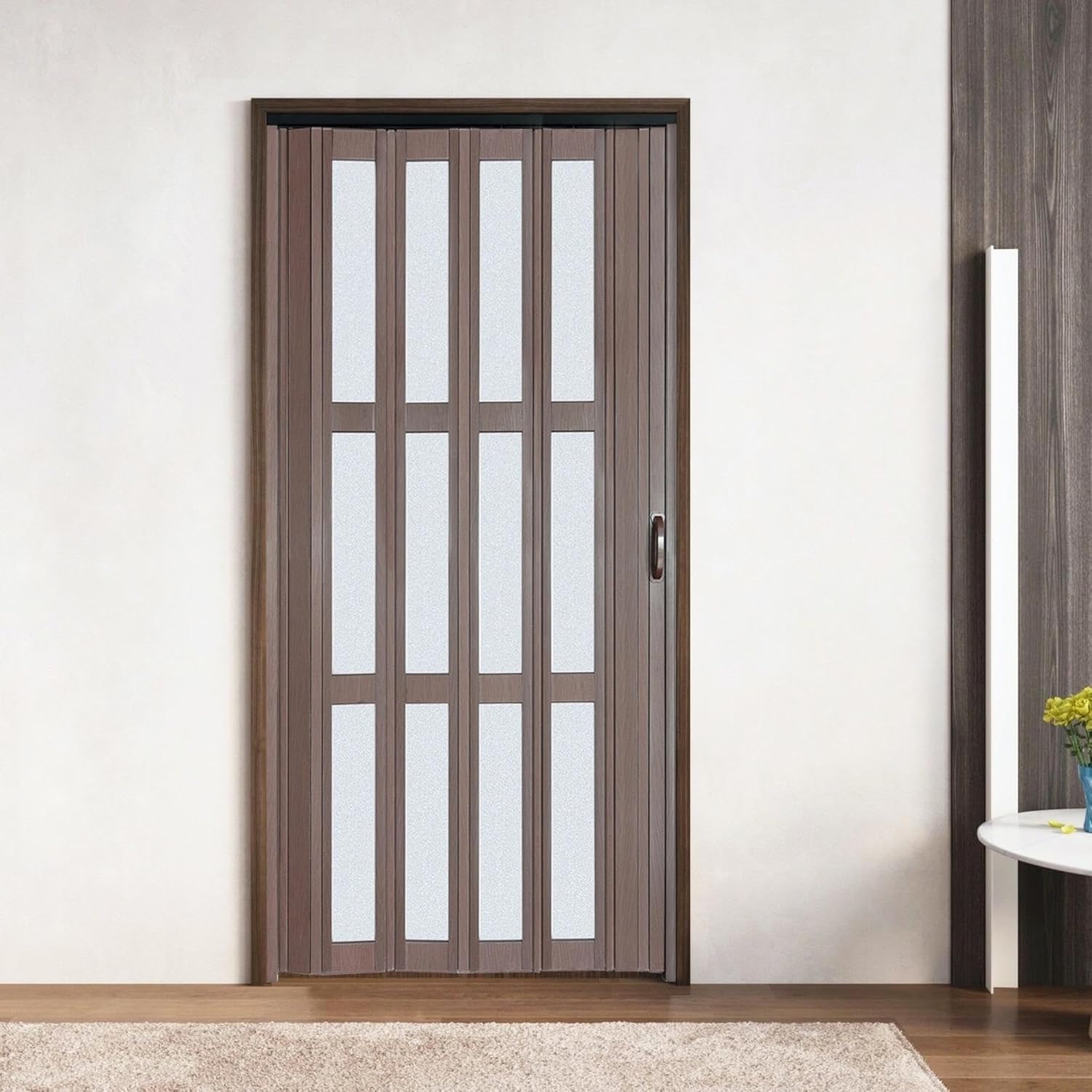 36X80in Accordion Door Interior,PVC Sliding Folding Doors with Lock,Divider Door with Hardware,Brown Waterproof Brown 36X80in