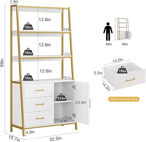 Miniatura 3 de HITHOS Estantería de 69 pulgadas de alto, estantería de 4 niveles de oro blanco con cajones de madera y estantes de escalera, gabinete de