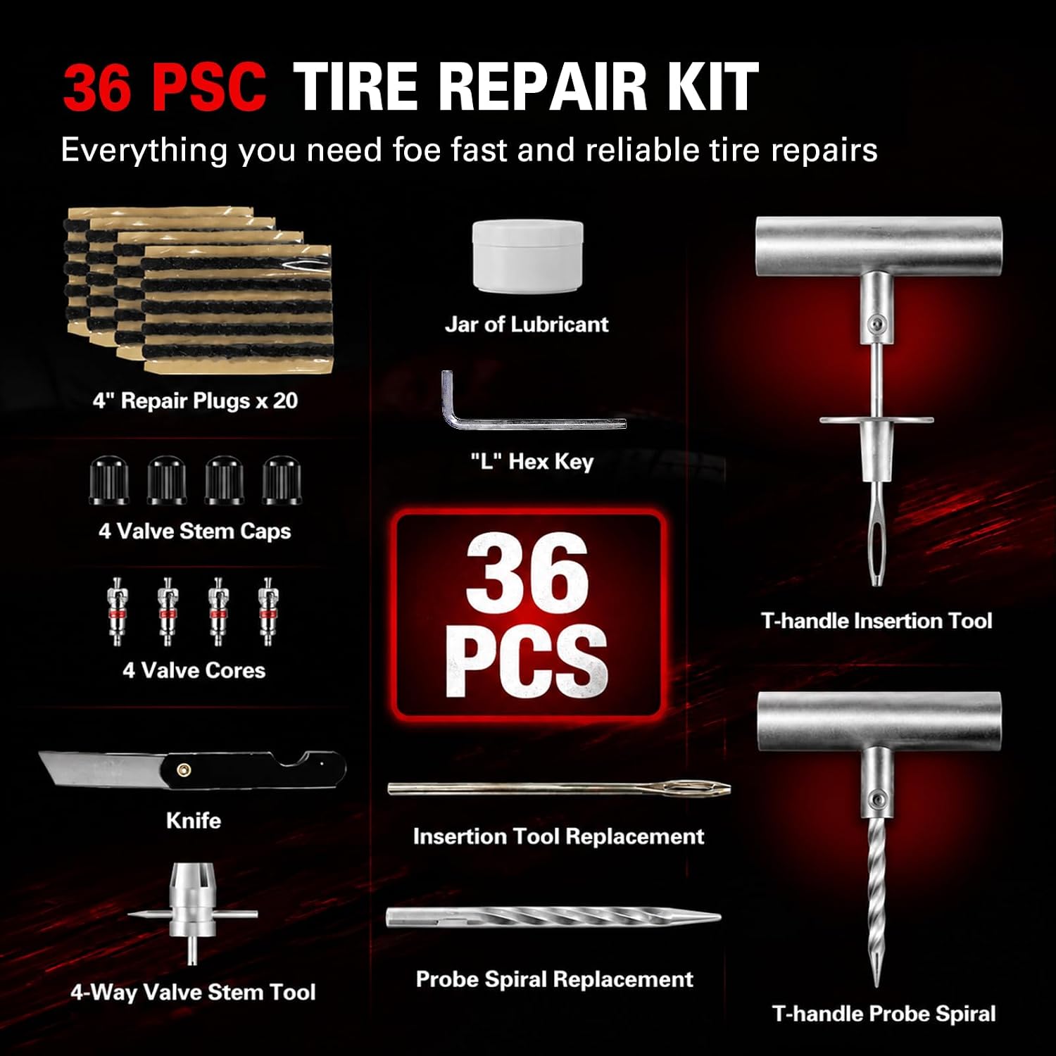  36 pcs Universal Tire Repair Kit with Plugs Heavy Duty Professional thumbnail
