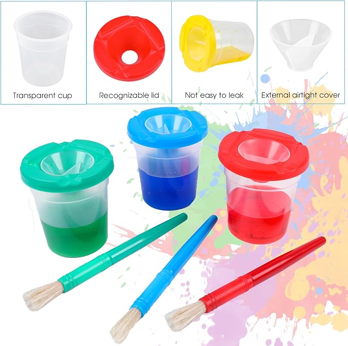 DIYASY Juego de 30 Piezas con 10 Tazas de Pintura Anti-Derrames con Tapas y 10 Pinceles Redondos para Niños en 10 Colores miniatura 4
