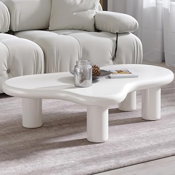 Modern Coffee Table - White Coffee Table for Living Room, Cloud Irregular Wood Center Table Tea Table Funky Coffe Table with 4 Legs, Low Coffee Table, 47.24" x 31.5" x 12"