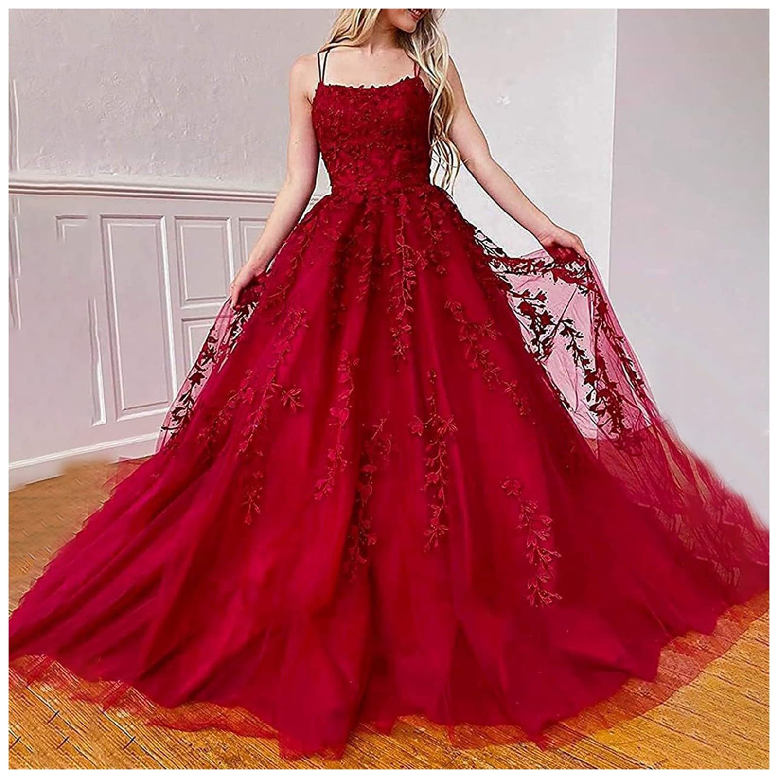 Kleid Hochzeitsgast Damen Ballkleid Aus Tüll Mit Spaghettiträgern Spitzenapplikationen Brautkleider a Linie Formelle Party Abendkleider Ballkleider Lang Cocktailkleid Brautjungfernkleid