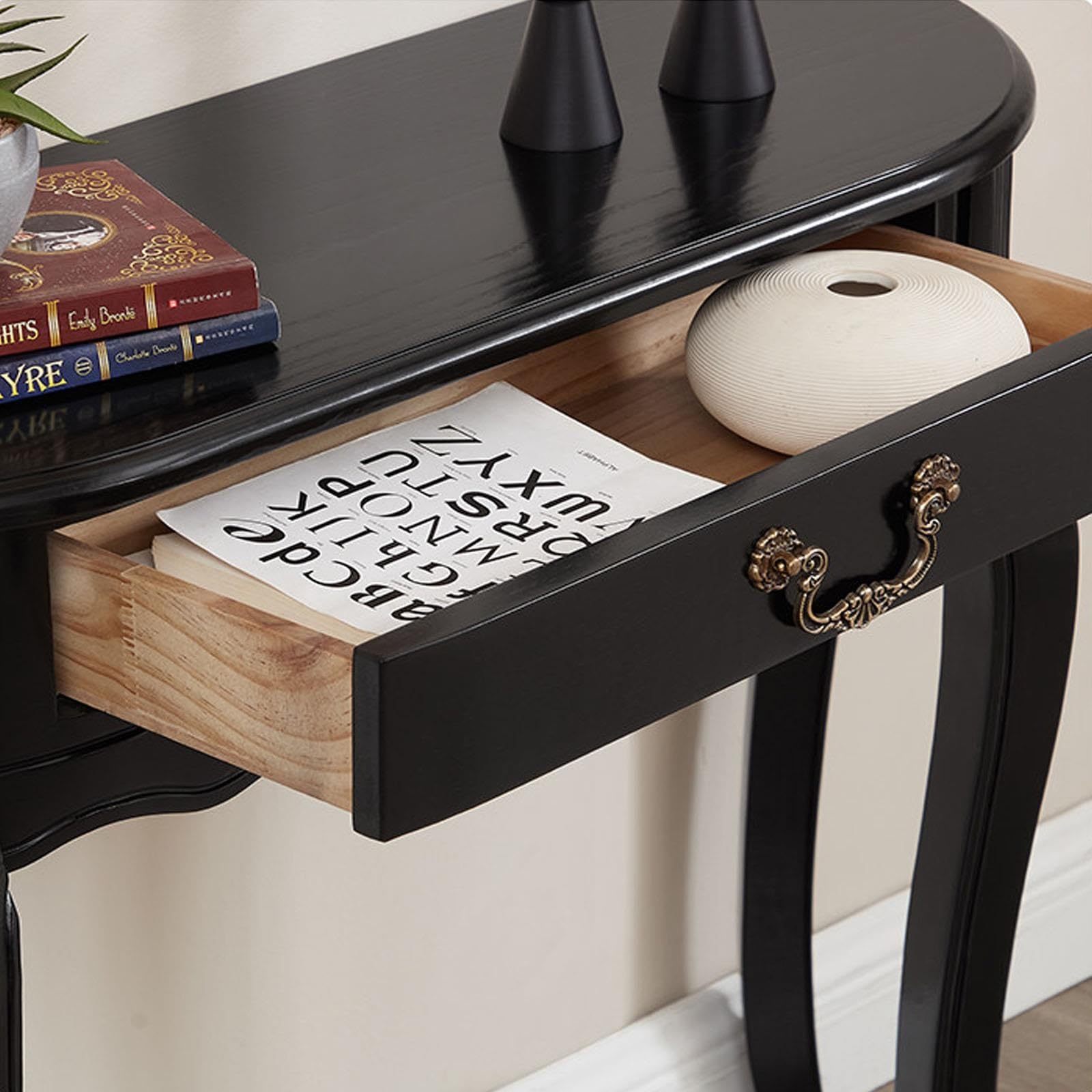 Console demi-lune en bois massif avec tiroir de rangement,Petite table