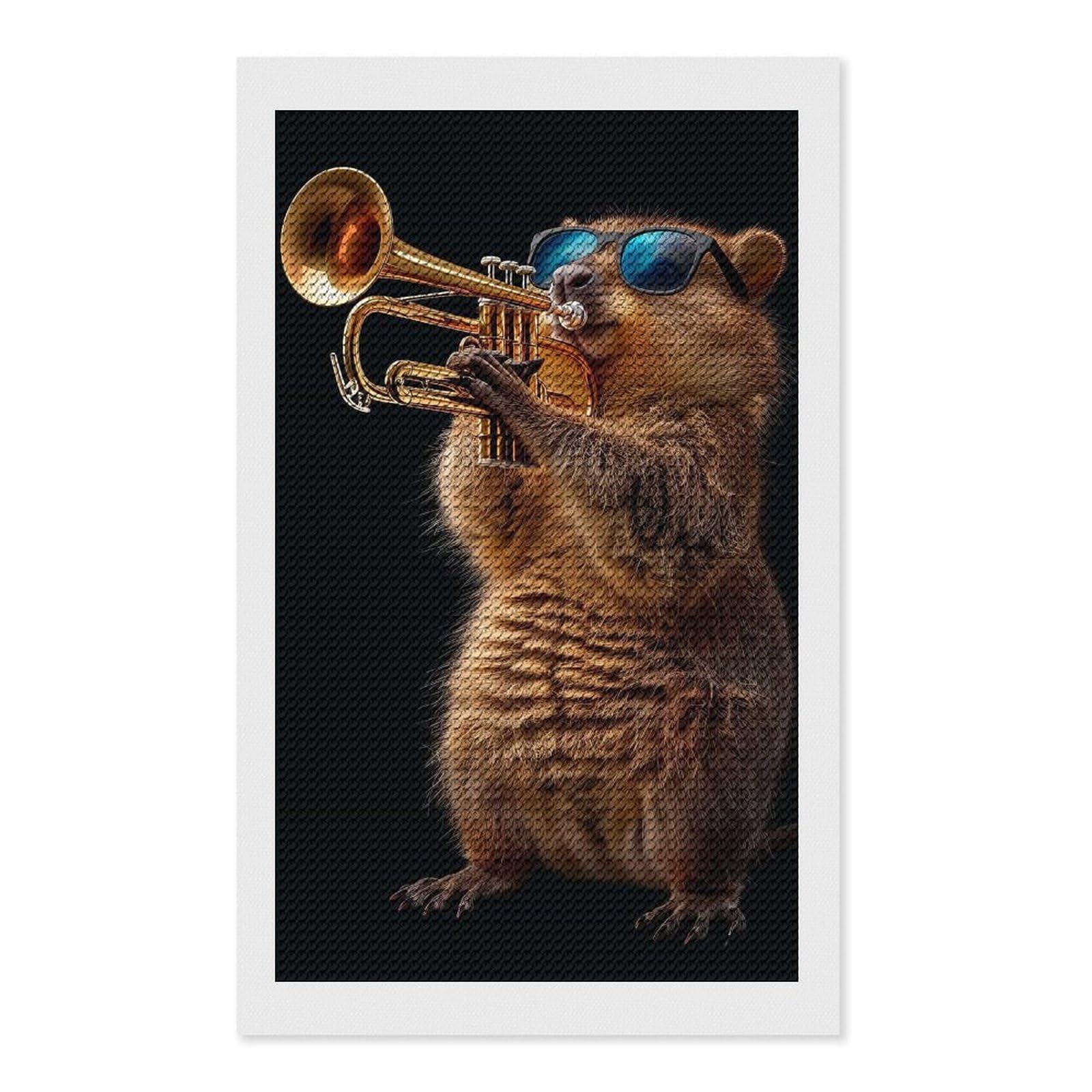 Junmoney Quokka Trumpet DIY Diamond Art Canvas Kit 12"x20", for Adults, Decorate Your Room, Gift Idea, Modern Decor, Finish and Display